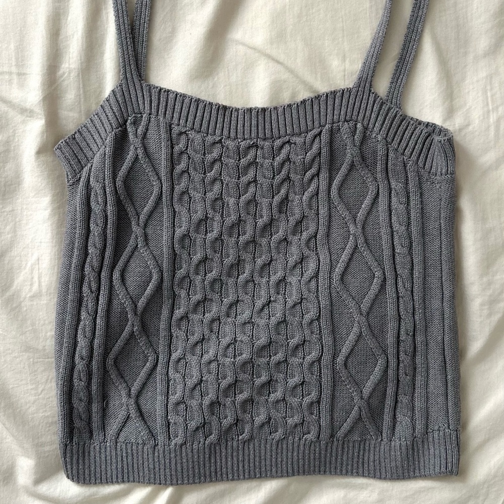 ANTHROPOLOGIE GRAY CABLE KNIT TANK TOP Cropped Length Slim Fit Size-Large - Picture 4 of 9